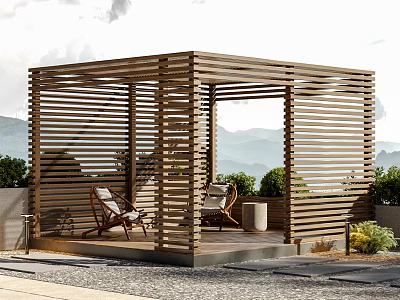 Modern Wooden Pergola Outdoor Seating With Plants And Mountain View 3d model