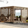 Modern Wooden Pergola Outdoor Seating With Plants And Mountain View