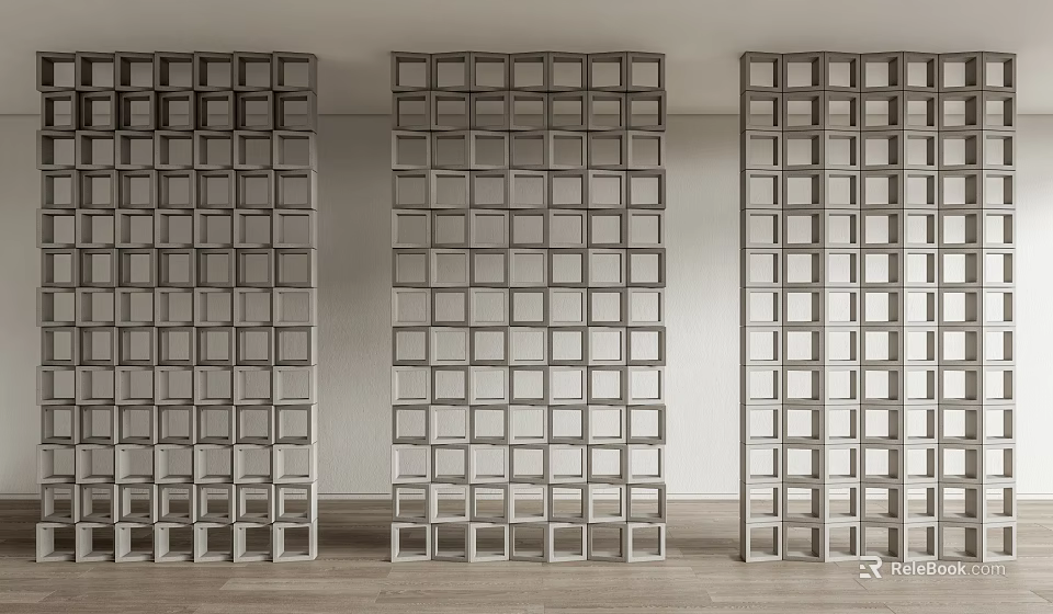 Three Panel Gray Wooden Grid Room Dividers For Modern Indoor Interior Design 3d model 