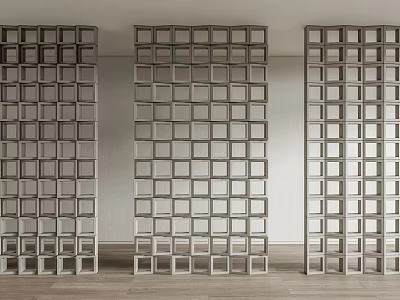 Three Panel Gray Wooden Grid Room Dividers For Modern Indoor Interior Design 3d model