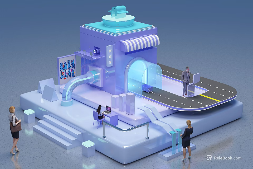 Purple Exhibition Model With Blue Roof Striped Awning And Tunnel Entrance With Figures 3d model 