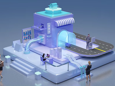 Purple Exhibition Model With Blue Roof Striped Awning And Tunnel Entrance With Figures 3d model