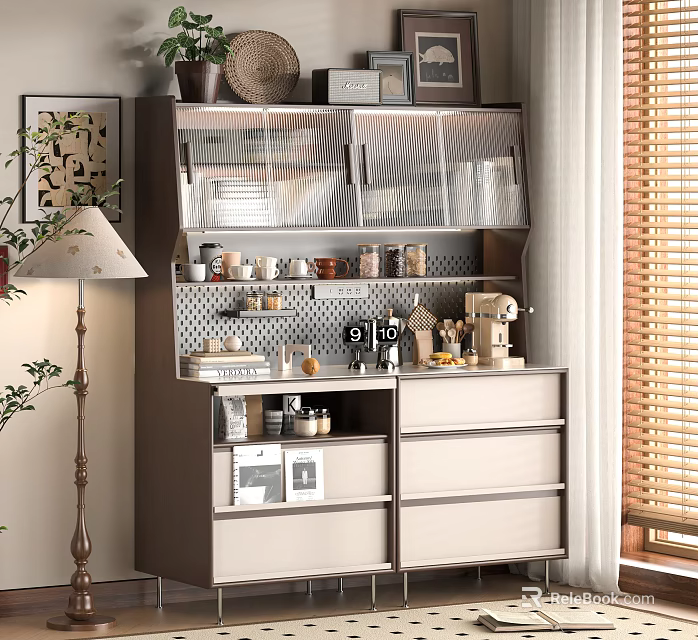 Modern Sideboard With Glass Cabinet Doors Drawers Coffee Machine And Decorative Items Natural Light 3d model 