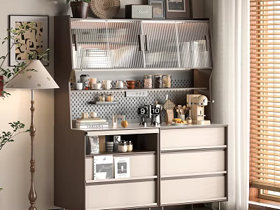 Modern Sideboard With Glass Cabinet Doors Drawers Coffee Machine And Decorative Items Natural Light 3d model
