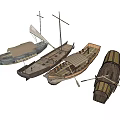 Four Ancient Traditional Wooden Sailboats With Sails And Oars On White Background