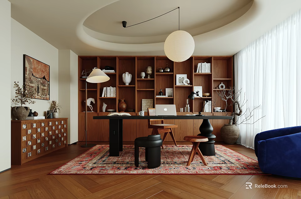 Elegant Study Room With Wooden Bookshelves Writing Desk Hanging Pendant Light And Blue Accent Chair 3d model 