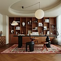 Elegant Study Room With Wooden Bookshelves Writing Desk Hanging Pendant Light And Blue Accent Chair