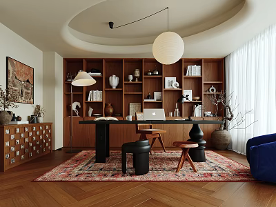 Elegant Study Room With Wooden Bookshelves Writing Desk Hanging Pendant Light And Blue Accent Chair 3d model