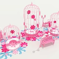 Charming Photo Check-in Spot With Pink Birdcages Flower Decorations Benches And Lamps