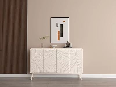 White Woodgrain Design Dresser Against Beige Wall With Dark Wood Panel And Geometric Art 3d model
