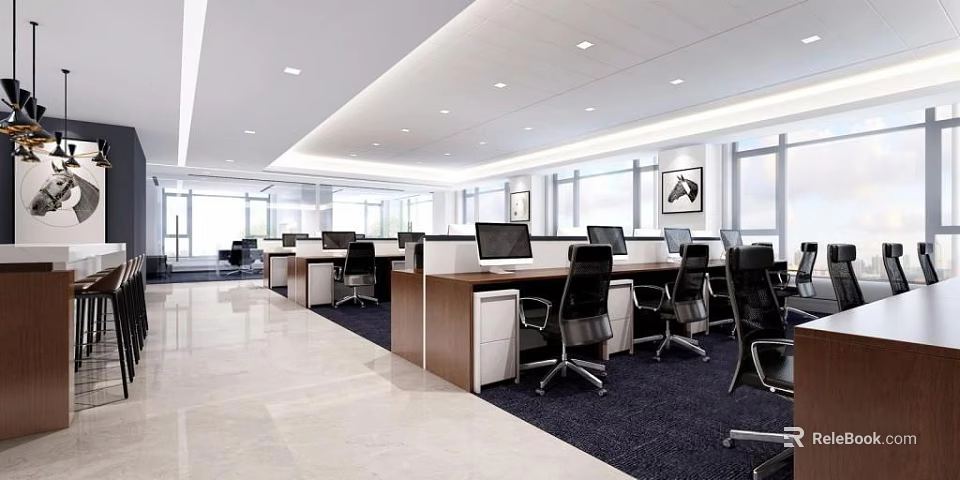 Modern Open Public Office Area Interior With Workstations Computers Office Chairs And Windows 3d model