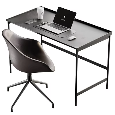 Modern Black Desk With Laptop Mouse Cup Phone Stand And Comfortable Chair 3d model