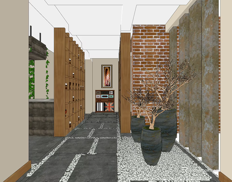 Elevator Hallway Design With Wooden Elements Brick Wall Vases Green Plants And Gray Floor Tiles 3d model 