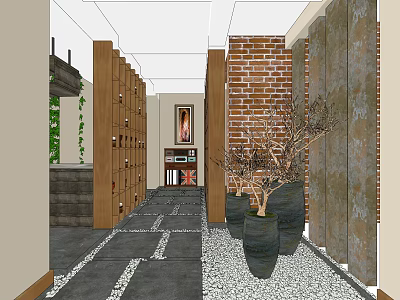 Elevator Hallway Design With Wooden Elements Brick Wall Vases Green Plants And Gray Floor Tiles 3d model