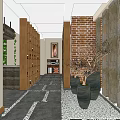 Elevator Hallway Design With Wooden Elements Brick Wall Vases Green Plants And Gray Floor Tiles