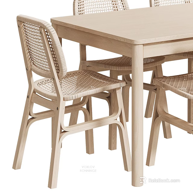 Modern Wooden Dining Table Set With Woven Rattan Chairs And Beige Finish 3d model 