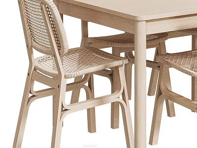 Modern Wooden Dining Table Set With Woven Rattan Chairs And Beige Finish 3d model