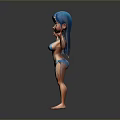 Woman with blue hair wearing blue bikini standing on gray background making OK gestures