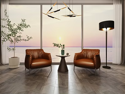 Leisure Sofa Set Brown Leather Armchairs With Side Table Green Plant By Sea View Window At Sunset 3d model
