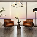 Leisure Sofa Set Brown Leather Armchairs With Side Table Green Plant By Sea View Window At Sunset
