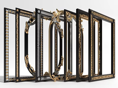 Ornate Black And Gold Picture Frames With Intricate Carvings And Decorative Details 3d model