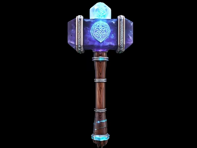 Enchanted Magic Hammer With Blue Gem Glowing Runes And Wooden Handle Accents 3d model