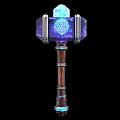 Enchanted Magic Hammer With Blue Gem Glowing Runes And Wooden Handle Accents