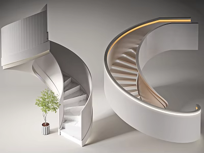 Modern Spiral Staircase With White Curved Steps Green Plant And LED Lighting 3d model