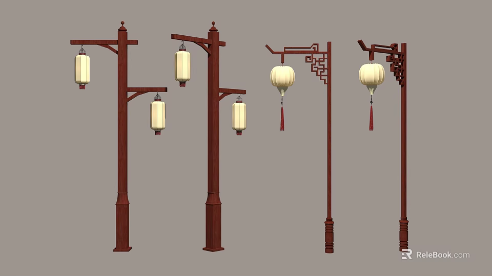 Traditional Chinese Furniture Style Street Lamps Featuring Hanging Lanterns And Ornate Designs 3d model 