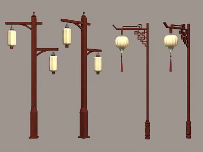 Traditional Chinese Furniture Style Street Lamps Featuring Hanging Lanterns And Ornate Designs 3d model