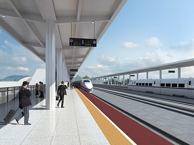 Modern High - speed Railway Station Platform With Passengers Carrying Luggage And White Train 3d model