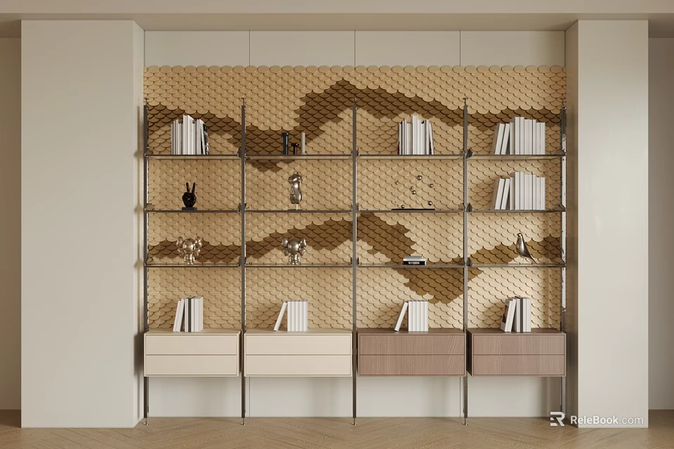 Modern Metal Frame Multilayer Storage Shelving Unit With Books Decorations And Wooden Drawers 3d model 