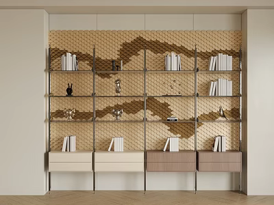 Modern Metal Frame Multilayer Storage Shelving Unit With Books Decorations And Wooden Drawers 3d model