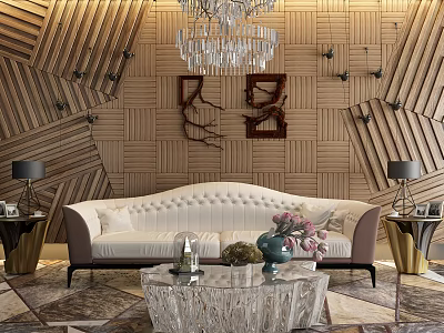 Luxurious White Sofa and Crystal Coffee Table Set with Chandelier Wooden Wall and Table Lamps 3d model