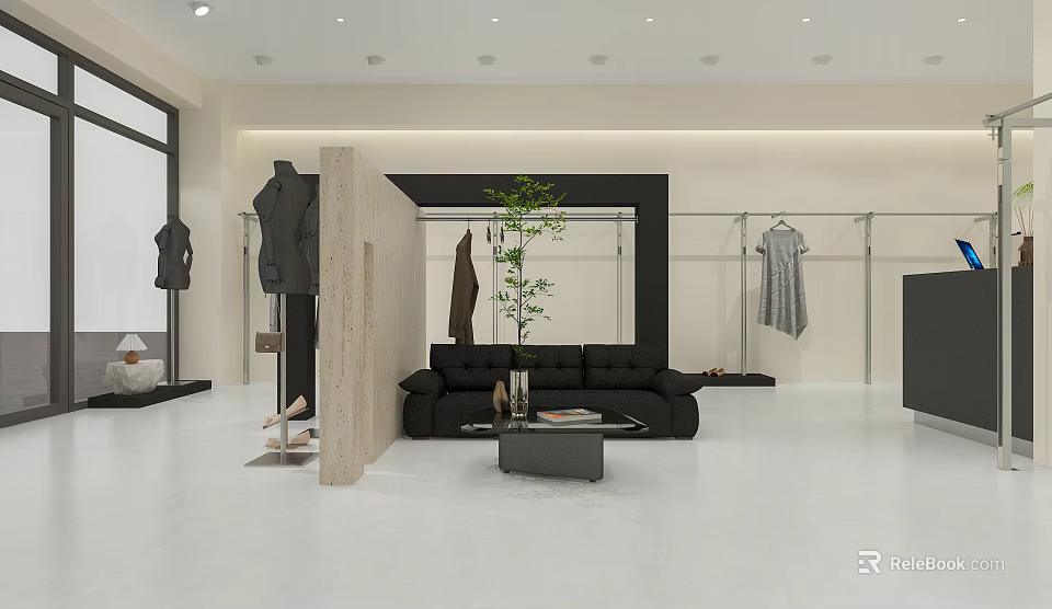 Modern Minimalist Clothing Store Interior With Mannequins Display Racks And Cozy Rest Lounge Space 3d model 