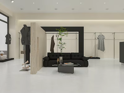 Modern Minimalist Clothing Store Interior With Mannequins Display Racks And Cozy Rest Lounge Space 3d model
