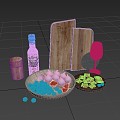 kitchen kitchenware kitchen utensils olive oil cutting board food meat roll wine cup fruit 3d model