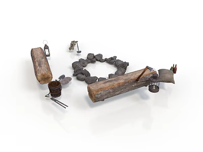 Rustic Scene Design Elements Featuring Stone Circle Wooden Logs Barrel And Tools 3d model