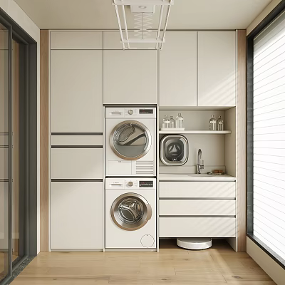 Modern Home Balcony With Stacked Washing Machine Dryer Sink And Storage Cabinets 3d model