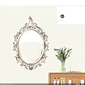 Ornate Gold Frame Wall Mounted Oval Mirror with White Tulips in Vase on Wooden Table