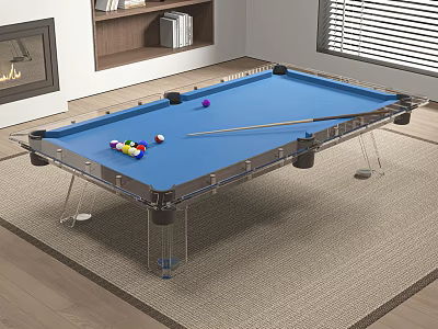 Billiard Room With Blue Table Colorful Balls Cue Stick Transparent Legs Carpet Fireplace And Blinds 3d model