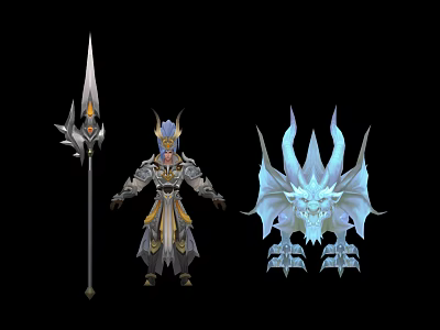 Armored Mythical Warrior With Ornate Spear And Blue Dragon Creature In Fantasy Art 3d model