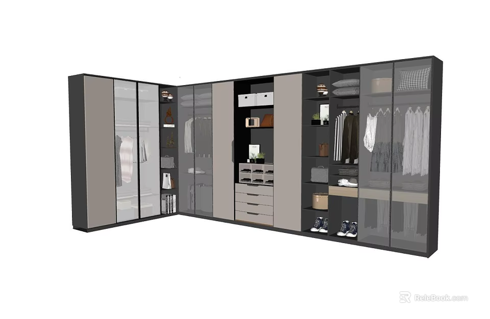 Modern Wardrobe Design With Glass Doors Storage Compartments Drawers And Hanging Space 3d model 