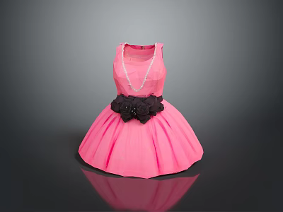 Elegant Pink Dress With Black Floral Decoration And Pearl Necklace 3d model