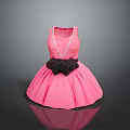 Elegant Pink Dress With Black Floral Decoration And Pearl Necklace