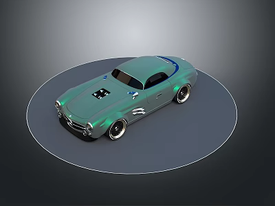 Teal Vintage Car With Blue Stripes And Shiny Alloy Wheels Design 3d model