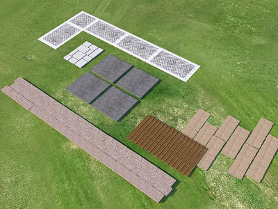 Garden Pathway Paving Slabs With Different Materials And Shapes On Green Grass Arranged In Patterns 3d model