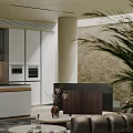 Modern Living and Dining Room Interior With Leather Sofa Coffee Table Stone Wall And Bookshelves