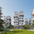 Modern Multi-storey Residential Building with Balconies Greenery Lawn and Pathway