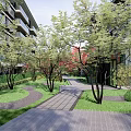 Serene Residential Landscape With Trees Stone Paved Path Benches And Green Lawns